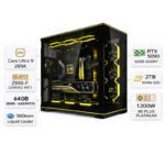 كمبيوتر ألعاب مخصص بمعالج إنتل كور ألترا 9 285 كي، كارت شاشة آر تي إكس 5090 بسعة 32 جيجابايت من نوع جي دي دي آر 7، رامات64 جيجابايت دي دي آر 5 بسرعة 6000 ميجا ترانسفير في الثانية، هارد إس إس دي 2 تيرابايت إن في إم إي، ويندوز 11 برو