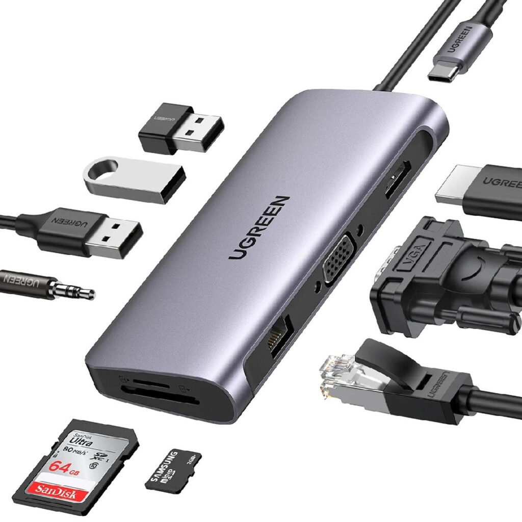 10-in-1 Multiport Adapter,VGA, 1Gbps Ethernet, 100W PD, 3 USB 3.0 Port, SD/TF Card Slot and 3.5mm Audio, USB C Multiport Adapter ( CM179 80133 ) - Level UpUGreenAdapter6957303881338