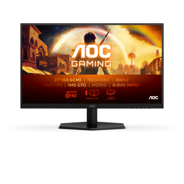 شاشة ألعاب مسطحة بتقنية IPS من AOC، طراز 27G42E، مقاس 27 بوصة، بدقة FHD (1920 × 1080)، ومعدل تحديث 180 هرتز، وزمن استجابة 0.5 مللي ثانية - أسود