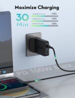 ⁦راف باور RP-PC1095 GaN شاحن حائط ثنائي المنافذ PD 100 واط أسود⁩ - الصورة ⁦5⁩