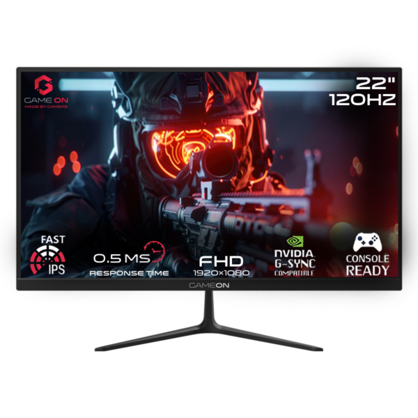شاشة قيمنج GAMEON GOES22FHD120IPS بحجم 22 بوصة FHD 1920x1080، تردد 120Hz، استجابة 0.5ms، HDMI 2.1، لوحة IPS – أسود