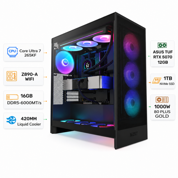 كمبيوتر الألعاب المخصص بمعالج إنتل كور ألترا 7 265 كي إف، كارت شاشة أسوس توف آر تي إكس 5070 بسعة 12 جيجابايت، رامات 16 جيجابايت دي دي آر 5، هارد إس إس دي إن في إم إي بسعة 1 تيرابايت، ويندوز 11 برو
