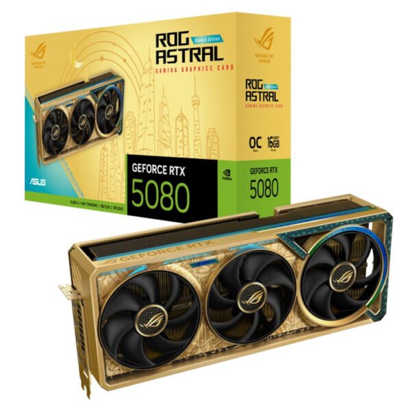 كرت الشاشة ASUS ROG ASTRAL GeForce RTX 5080 OC سعة 16GB – إصدار Dhahab باللون الذهبي