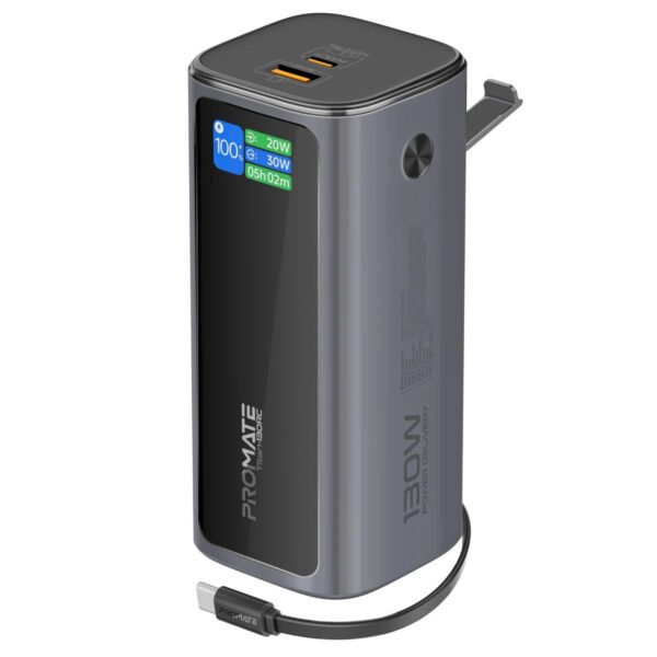 بروميت Titan-130RC باور بانك 20,000 ملي أمبير 130 واط متعدد المنافذ مع كابل USB-C قابل للسحب وشاشة TFT LCD