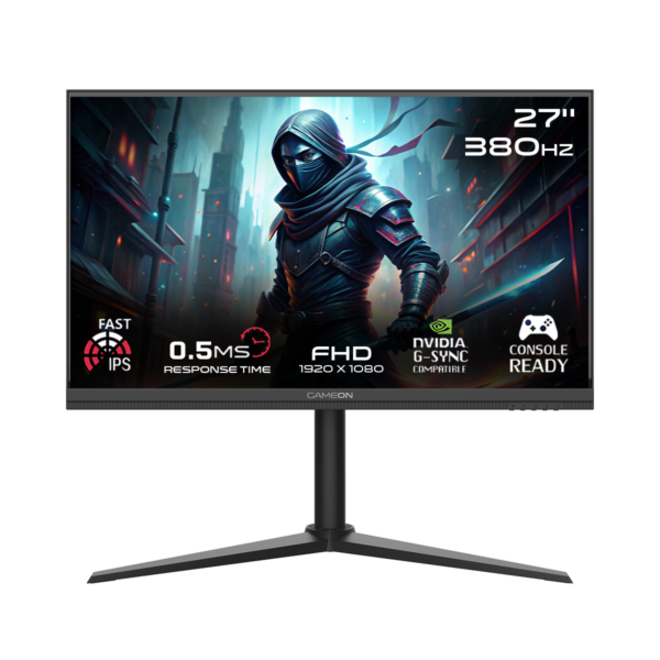 شاشة الألعاب GAMEON GOMP27FHD380IPS Midnight Pro Series مقاس 27 بوصة بدقة FHD 1920×1080، معدل تحديث 380Hz، زمن استجابة 0.5ms، منافذ HDMI 2.1، لوحة IPS – اللون الأسود