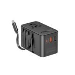 بروميت محول سفر GaN بقدرة 70 واط مع كابل USB-C مدمج قابل للسحب - أسود