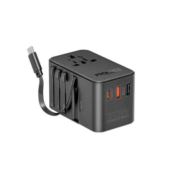 بروميت محول سفر GaN بقدرة 70 واط مع كابل USB-C مدمج قابل للسحب - أسود