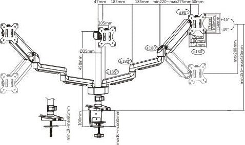 Twisted Mind Premium Triple Monitors Mount, Aluminum Pole, Mounted Gas, Spring Monitor, Arm With Usb Ports | LDT26-C036UP - Level UpLevel UpPC Accessories6956745162265