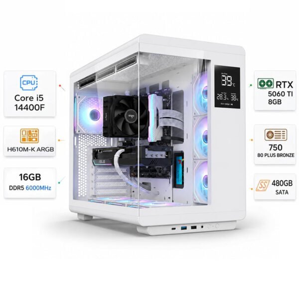 كمبيوتر ألعاب مخصص بمعالج إنتل كور آي 5 الجيل الرابع عشر 14400 إف، كارت شاشة آر تي إكس 5060 تي آي بسعة 8 جيجابايت، رامات 16 جيجابايت دي دي آر 5 بسرعة 6000 ميجاهرتز، ويندوز 11 برو