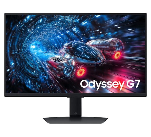 شاشة سامسونج أوديسي G7 G70F مقاس 27 بوصة بدقة 4K (3840×2160)، معدل تحديث مزدوج 180Hz أو 360Hz FHD، زمن استجابة 1ms، G-Sync، Pivot، HDMI 2.1، لوحة IPS مسطحة – أسود