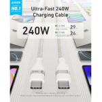 ⁦Anker A82E2 USB-C to USB-C Cable 240W – Soft, Durable – 6ft/1.8m, White – A82E2H22⁩ - الصورة ⁦2⁩