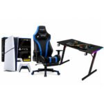 جهاز بلاي ستيشن الرقمي بسعة 825 جيجابايت مع طاولة غاماكس RGB سوداء بأبعاد 140*60*74 وكرسي ألعاب غاماكس جلدي