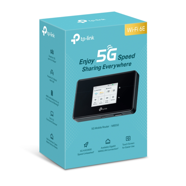 TP-Link M8550 5G WiFi 6E  Tri-Band AXE3600 Gigabit WAN/LAN Port Touch Screen Mobile Router, 32 Devices