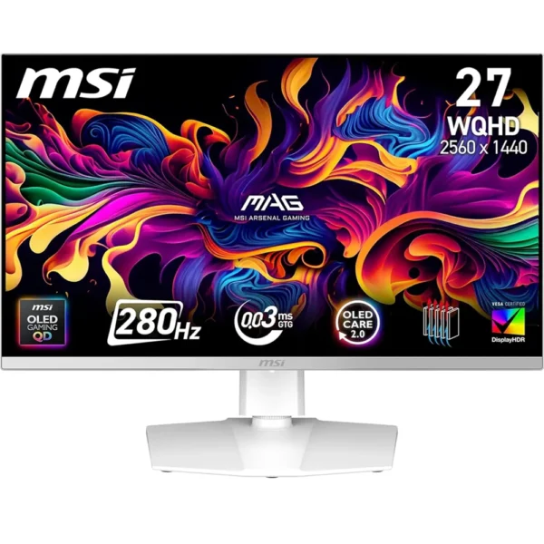 MSI 27″ MAG 272QPW QD-OLED X28 2K 280Hz 0.03ms HDR400 HDMI 2.1 Rotatable Adjustable Gaming Monitor, White