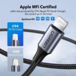 ⁦يوجرين كابل USB-C إلى Lightning ذكر/ذكر بقوة 20 واط هيكل ألومنيوم مضفر 1 متر فضي — US304-70523⁩ - الصورة ⁦4⁩
