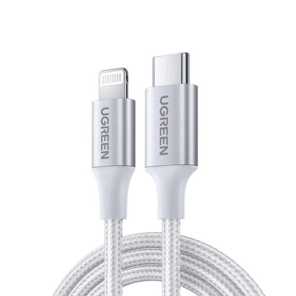 يوجرين كابل USB-C إلى Lightning ذكر/ذكر بقوة 20 واط هيكل ألومنيوم مضفر 1 متر فضي — US304-70523