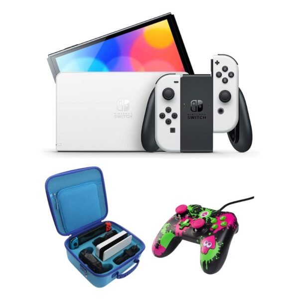 نينتندو سويتش OLED مع Joy-Con أبيض  مع وحدة التحكم السلكية المحسنة PowerA لجهاز نينتندو سويتش سبلاتون   2 & DOBE حقيبة تخزين لنينتندو سويتش/سويتش أوليد - أزرق