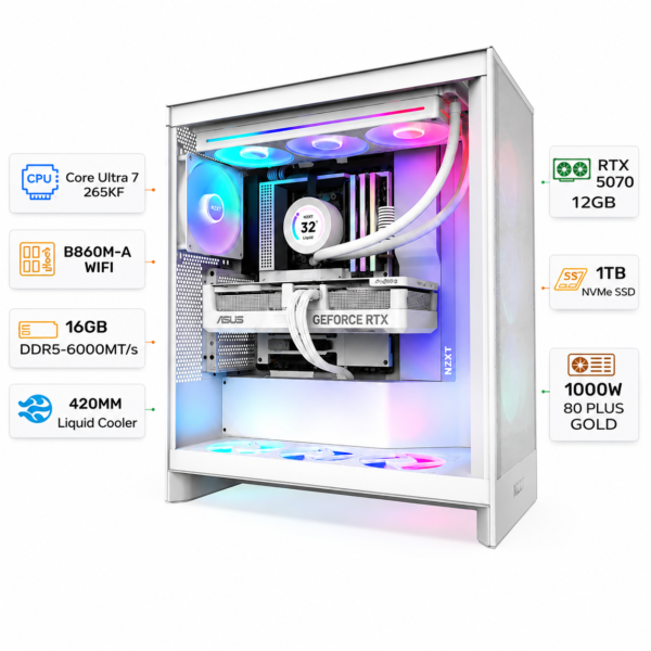 كمبيوتر الألعاب المخصص بمعالج إنتل كور ألترا 7 265 كي إف، كارت شاشة آر تي إكس 5070 بسعة 12 جيجابايت، رامات 16 جيجابايت دي دي آر 5 بسرعة 6000 ميجا نقلة في الثانية، هارد إس إس دي إن في إم إي بسعة 1 تيرابايت، ويندوز 11 برو