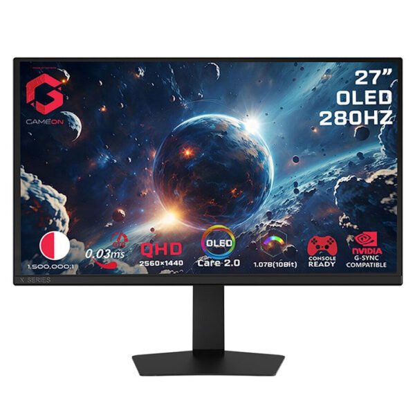 جيم اون شاشة العاب موديل GO27QDOLD280 سلسلة Signature X شاشة 27 بوصة OLED QHD، معدل تحديث 280 هرتز، استجابة 0.03 مللي ثانية، HDMI 2.1، شاشة ألعاب (دعم PS5) - أسود