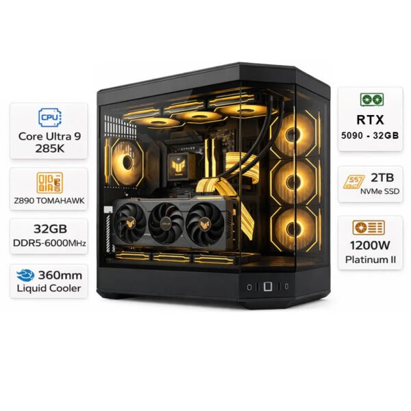 Gaming PC with an Intel Core Ultra 9-285KE processor, an RTX 5090 graphics card with 32 GB of memory, 32 GB of DDR5 RAM running at 6,000 MHz, a 2 TB NVMe SSD, and Windows 11 Pro