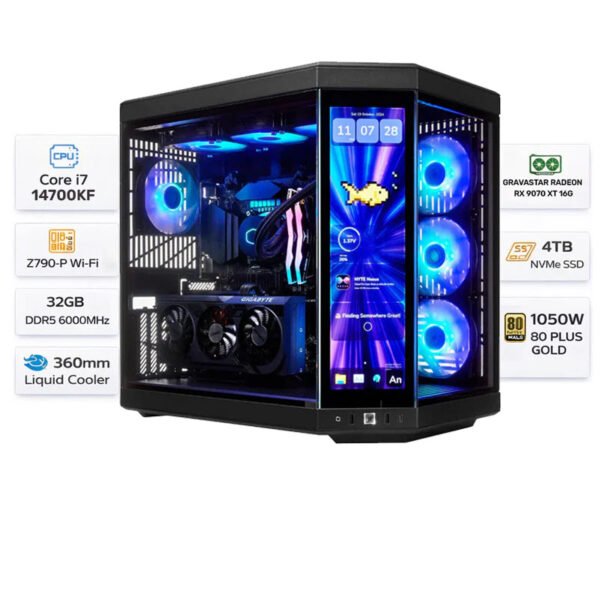 Gaming PC with an Intel Core i7-14700KF processor, a 16 GB Grafastar RX 9070 XT graphics card, 32 GB of DDR5 RAM, a 4 TB SSD, and Windows 11 Pro