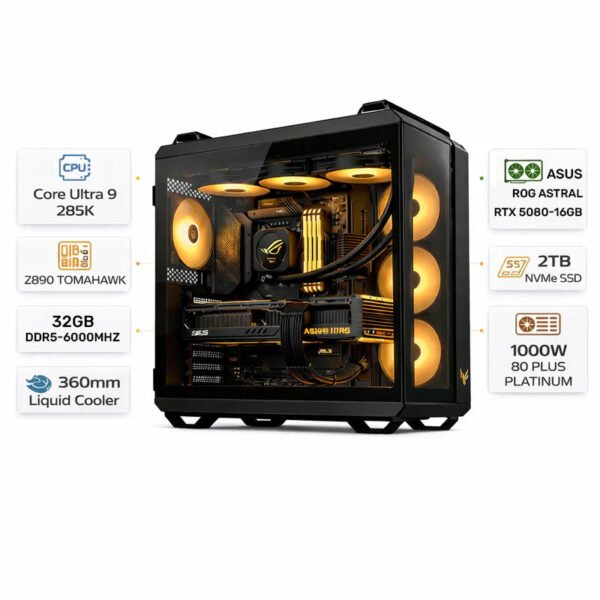 Gaming PC with an Intel Core Ultra 9-285KE processor, an ASUS ROG Astral RTX 5080 graphics card with 16 GB of memory, 32 GB of DDR5 RAM running at 6,000 MHz, a 2 TB SSD, and Windows 11 Pro