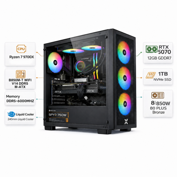 Gaming PC with an AMD Ryzen 7-9700X processor, an RTX 5070 with 12 GB of memory, 32 GB DDR5 RAM at 6000 MHz, 1 TB NVMe SSD, Windows 11 Pro