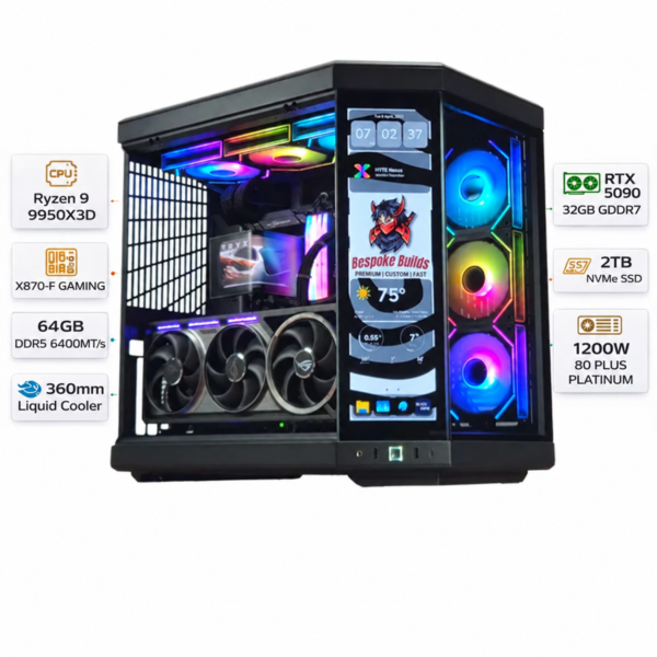 Gaming PC with an AMD Ryzen 9-9950X3D processor, an RTX 5090 graphics card with 32 GB of GDDR7 memory, 64 GB of DDR5 RAM, a 2 TB NVMe SSD, and Windows 11 Pro