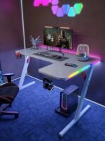 ⁦جاماكس P201-RB طاولة ألعاب كاربون فايبر RGB مقاس 140x100x74 سم مع ماوس باد (شكل L - يمين) - ابيض (غير شامل التركيب)⁩ - الصورة ⁦3⁩