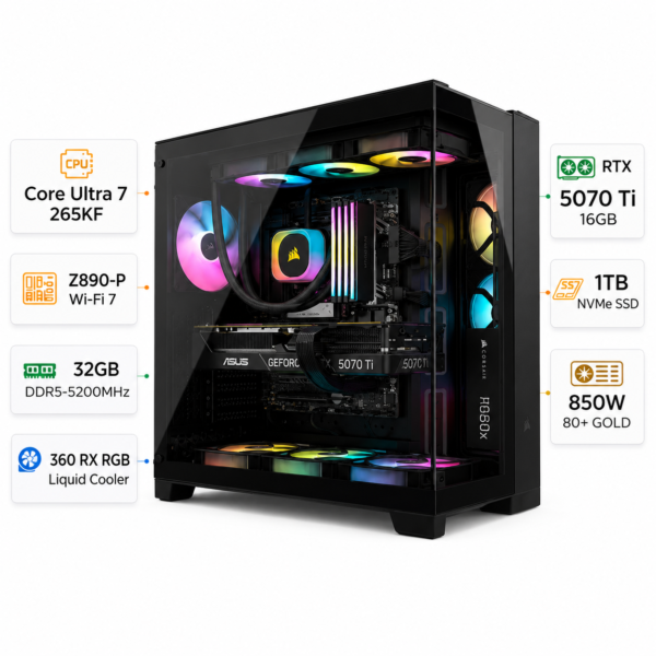 Ultra 7 Gaming PC - 265KF, RTX 5070 Ti graphics card with 16 GB of memory, 32 GB RAM, 1 TB SSD, Windows 11 Pro