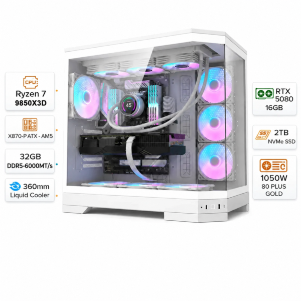 Gaming PC with an AMD Ryzen 7-9850X3D processor, an RTX 5080 graphics card with 16 GB of memory, 32 GB of DDR5 RAM running at 6,000 MHz, a 2 TB SSD, and Windows 11 Pro
