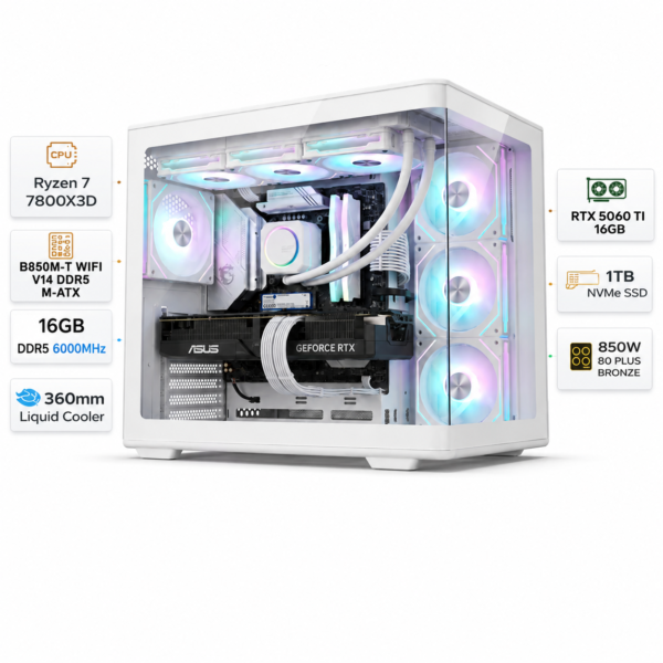 Gaming PC with a Ryzen 7-7800X3D processor, an RTX 5060 Ti graphics card with 16 GB of memory, 16 GB DDR5 RAM at 6000 MHz, 1 TB NVMe SSD, and Windows 11 Pro