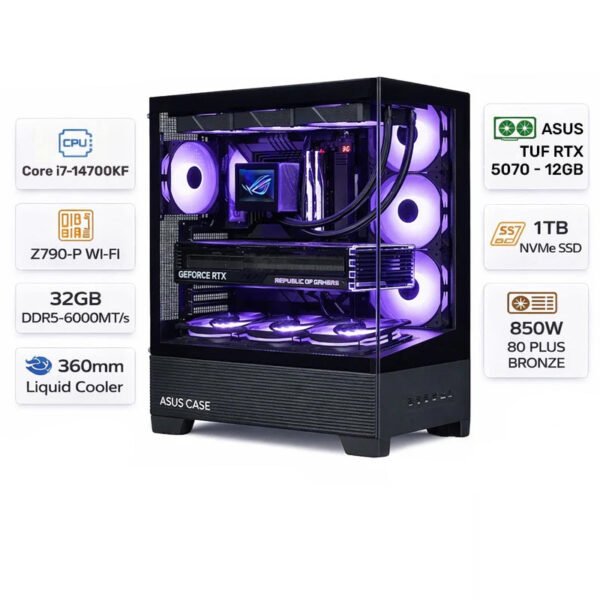 Gaming PC with an Intel Core i7-14700KF processor, an ASUS TUF RTX 5070 graphics card with 12 GB of GDDR7 memory, 32 GB of DDR5 RAM running at 6,000 MHz, a 1 TB SSD, and Windows 11