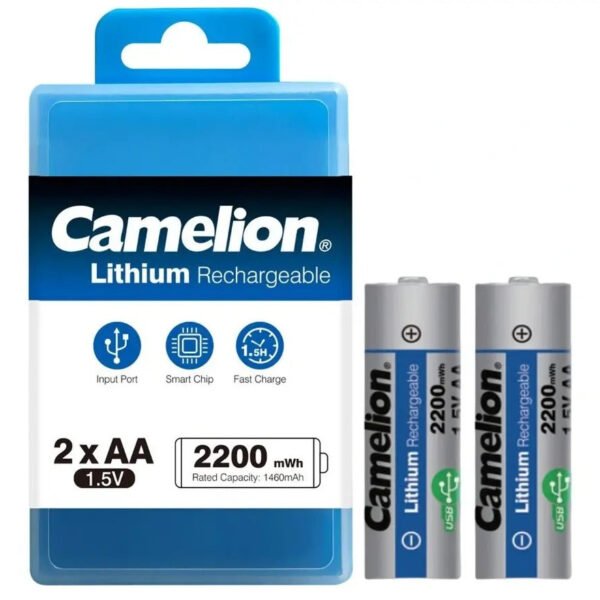 بطارية ليثيوم قابلة لإعادة الشحن من CAMELION: بطارية إدخال من النوع C UB-AA2200-PBH2 (قطعتان/صندوق + كابل 10 سم من النوع A إلى النوع C × 2) بطارية ليثيوم AA قابلة لإعادة الشحن بقوة 1.5 فولت - 1460 مللي أمبير/ساعة / 2200 مللي أمبير/ساعة 782-946