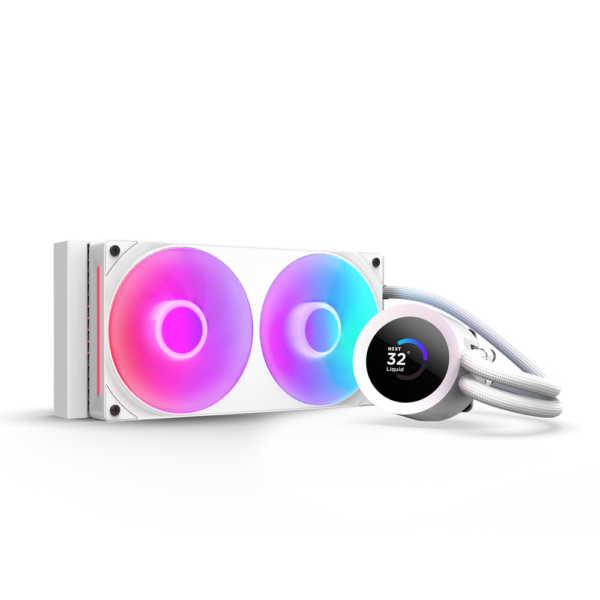 مبرد سائل Nzxt Krakrn Plus 240 RGB 240mm AIO مع مراوح LCD مقاس 1.54 بوصة ومراوح RGB - أبيض