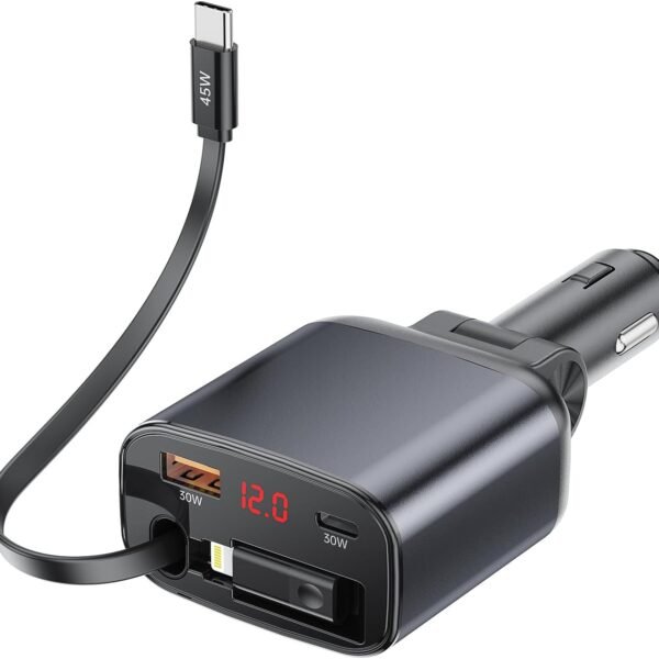 شاحن سيارة Choetech TC0033 بقدرة 105 واط مع كابل مدمج قابل للسحب – أسود