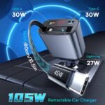 شاحن سيارة Choetech TC0033 بقدرة 105 واط مع كابل مدمج قابل للسحب – أسود - Image 8