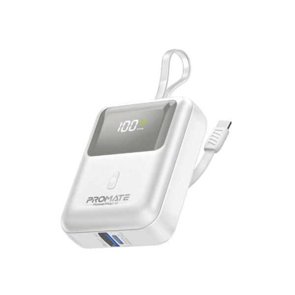 باور بانك بروميت سعة 10000 مللي أمبير فائق الصغر بقدرة شحن سريع 35 واط مع كابل USB-C مدمج باللون الأبيض