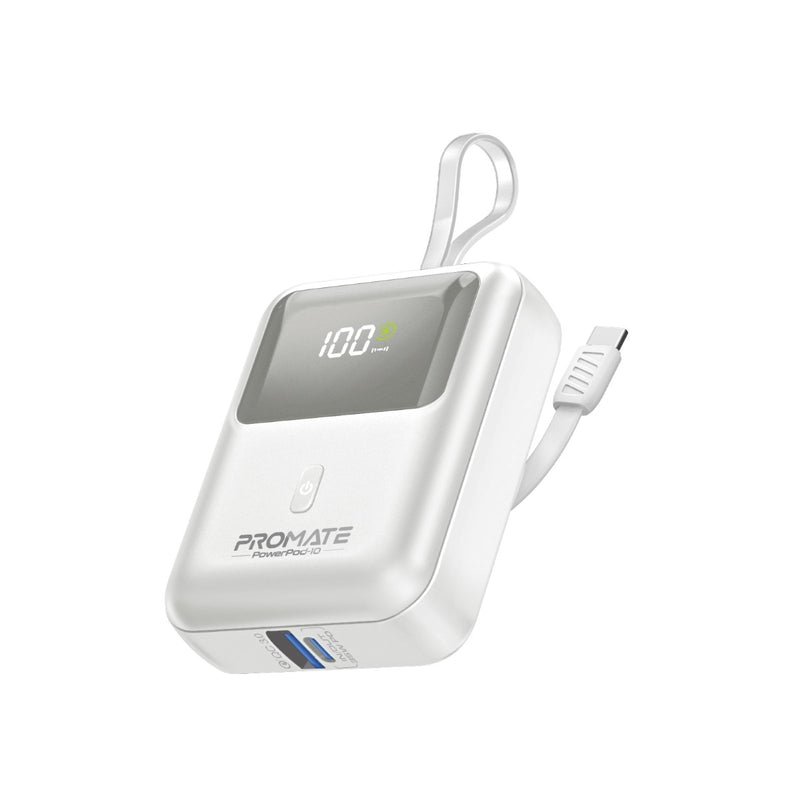 woo-sync-1790300270795-0940a6 باور بانك بروميت سعة 10000 مللي أمبير فائق الصغر بقدرة شحن سريع 35 واط مع كابل USB-C مدمج باللون الأبيض - Image 1