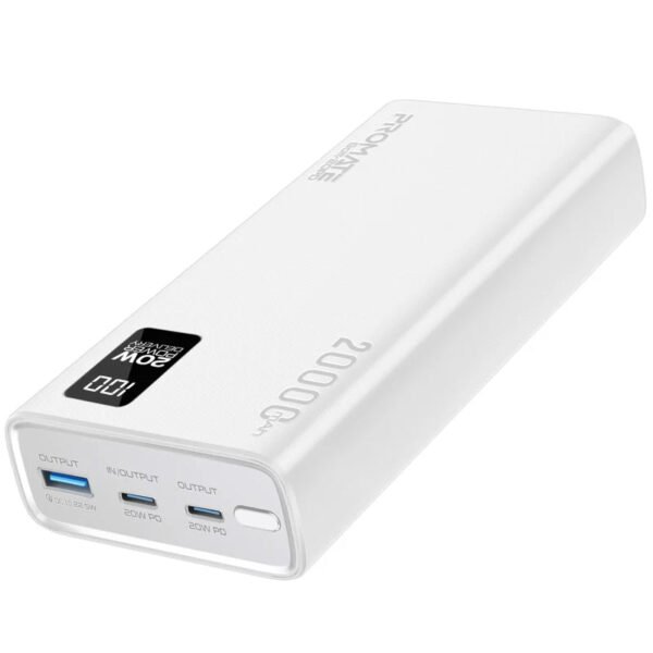 باور بنك ذكي مدمج من Promate مع شحن PD بقدرة 20W ومنافذ USB-C مزدوجة ومنفذ USB-A بقدرة 22.5W - أبيض