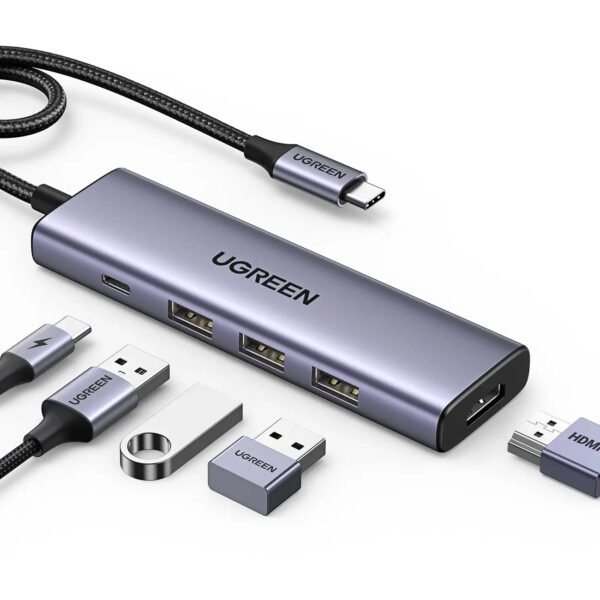 يوجرين 5 في 1 هاب USB-C مع HDMI 4K و3 منافذ USB-A وتوصيل طاقة 100 واط – لأجهزة MacBook وiPad وSurface وXPS وThinkPad