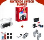 Nintendo Switch OLED bundle with essential Dobe accessories – 6-in-1 set (console + controller grips + thumb stick caps + crystal case + charging dock + cooling fan)
