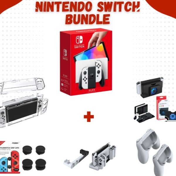 Nintendo Switch OLED bundle with essential Dobe accessories – 6-in-1 set (console + controller grips + thumb stick caps + crystal case + charging dock + cooling fan)