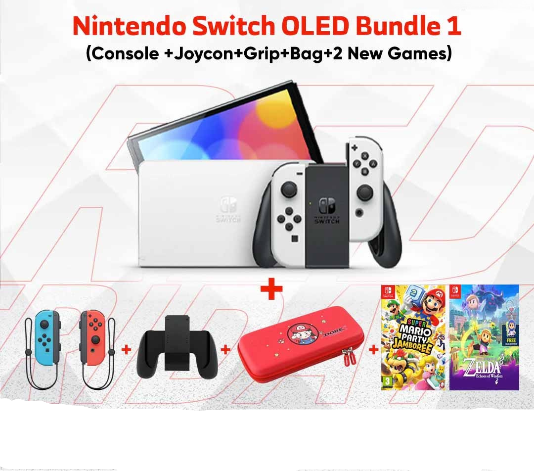 woo-sync-1790343678636-38e555 نينتندو سويتش OLED - الحزمة 1: (الجهاز + جوي كون + قبضة تحكم + حقيبة + لعبتان ماريو بارتي جامبوري & ذا ليجند أوف زيلدا: إيكوز أوف ويدوم) - Image 1